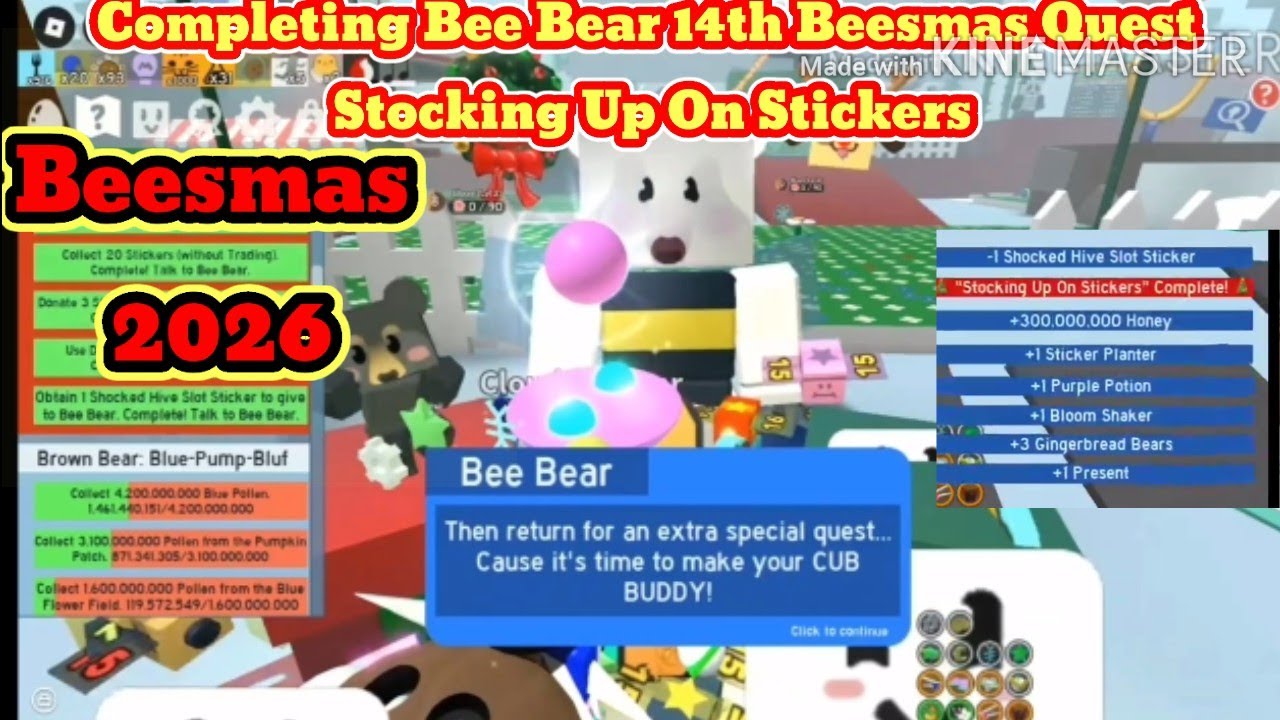 Completing Bee Bear 14th Beesmas Quest "Stocking Up On Stickers" In Bee Swarm Simulator