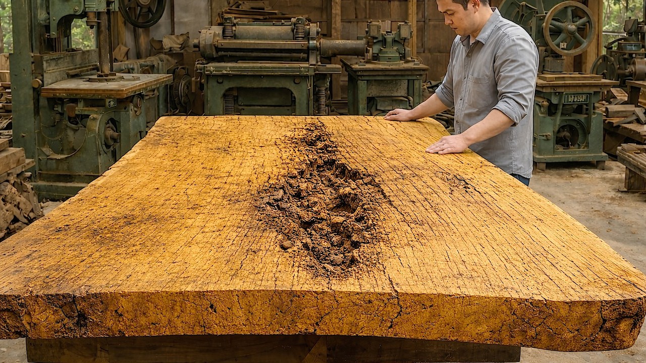 Transforming A Massive, Decaying Piece Of Solid Wood In The Middle Into A Beautiful, Large Table.