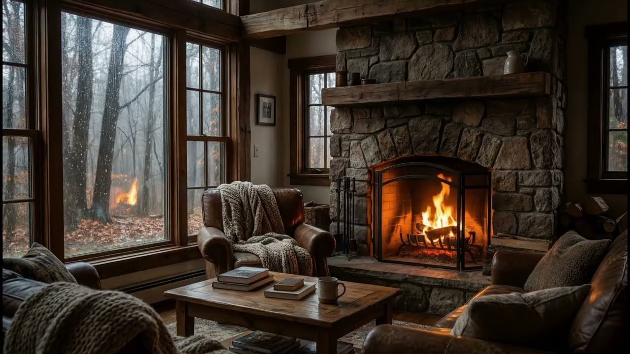 Rainy Day in a Cozy Cabin 🔥 Fireplace & Gentle Rain Sounds for Relaxing
