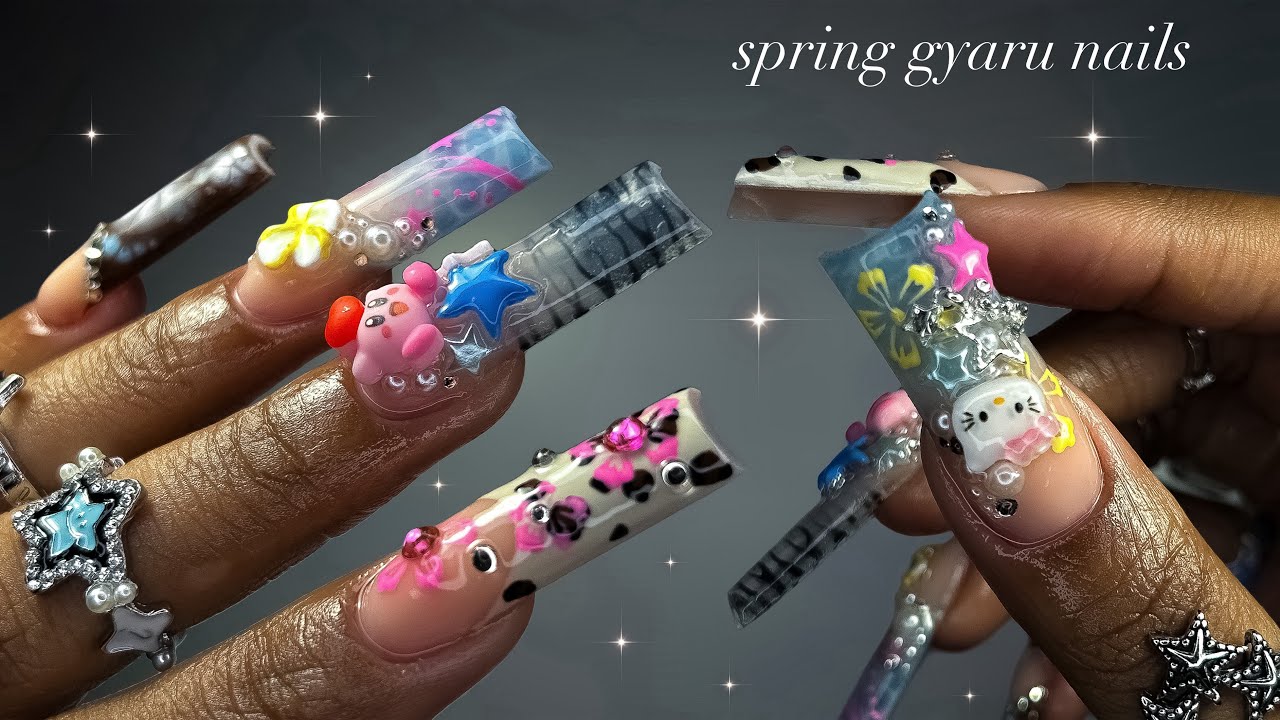 Spring Gyaru-Inspired Nails!🌺⭐️🏝️ | polygel extensions + adorable nail art!✨