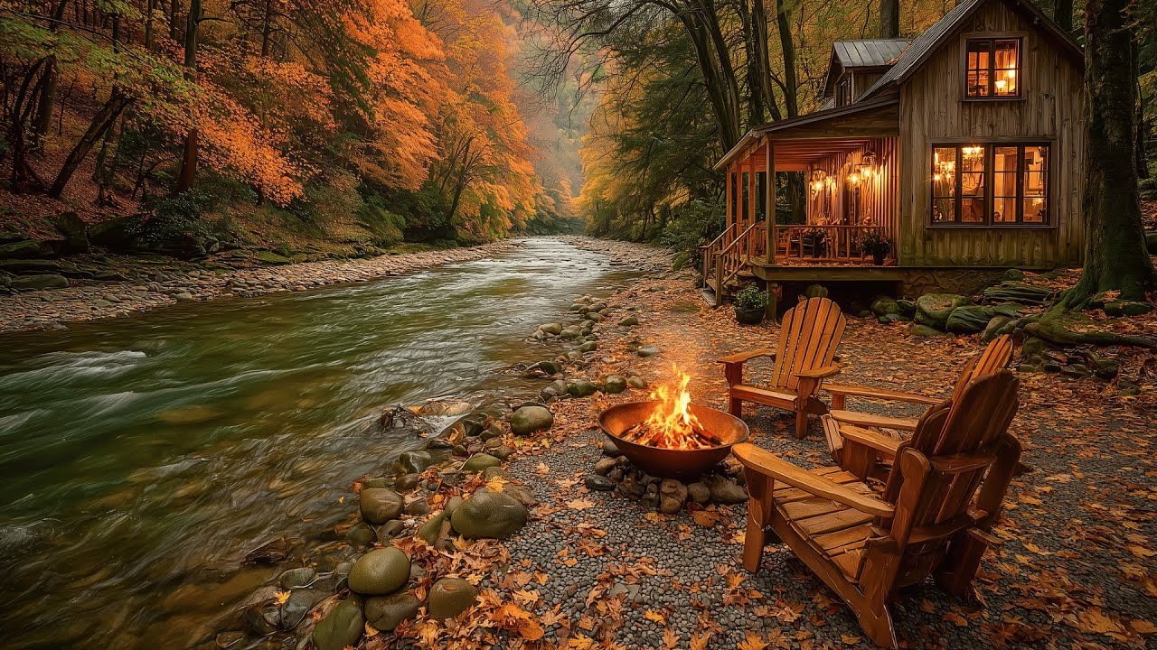 Tranquil Autumn Morning Riverside Cabin | Firepit Crackles & Relaxing Bird Sounds in the Woods