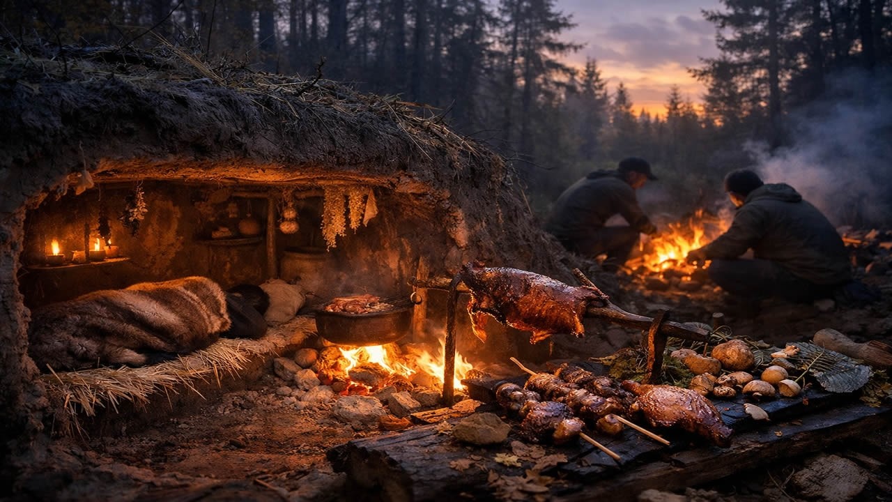 🎥 Underground Survival: Warm Earth Bed & Wild Feast! 🌲🕳️🔥