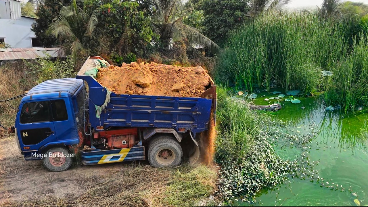 First Amazing Project! Landfill on Flooded Pond By Bulldozer Komat'Su D20P wth 5ton Trucks
