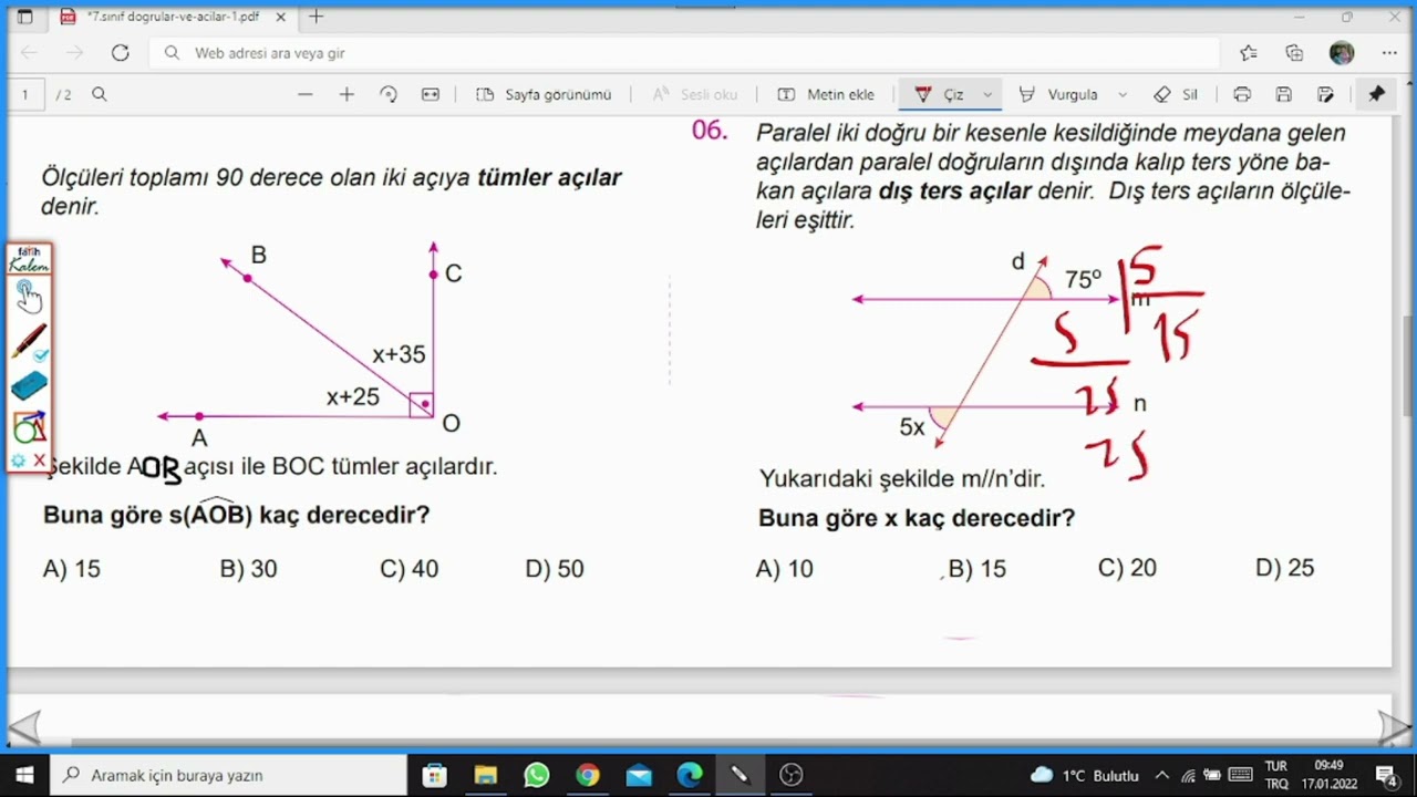 7. Sınıf Doğrular ve Açılar Test Çözümü 1