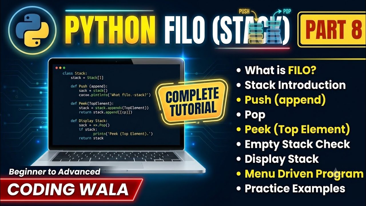 Python FILO (Stack) Complete Tutorial | Push, Pop, Peek, Menu Driven Program | Beginners to Advanced