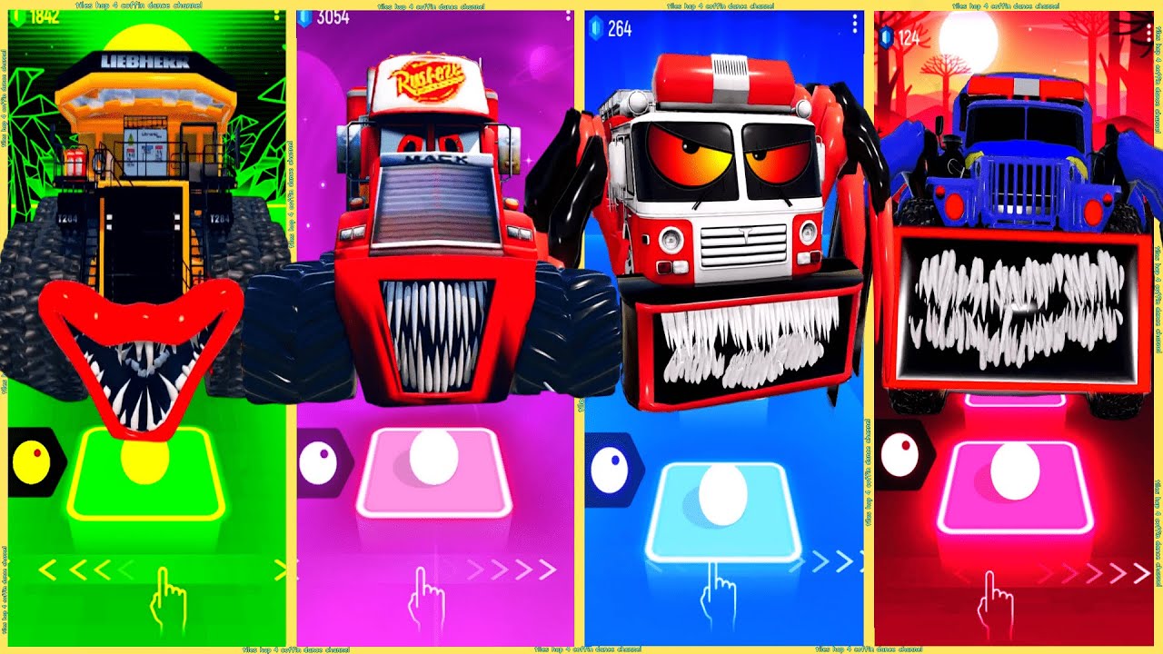 coffin dance - Police Truck Eater 🆚 Dump Truck 🆚 Fire Truck Eater 🆚 Mack Truck Trailer | Tiles HOP❗🚒