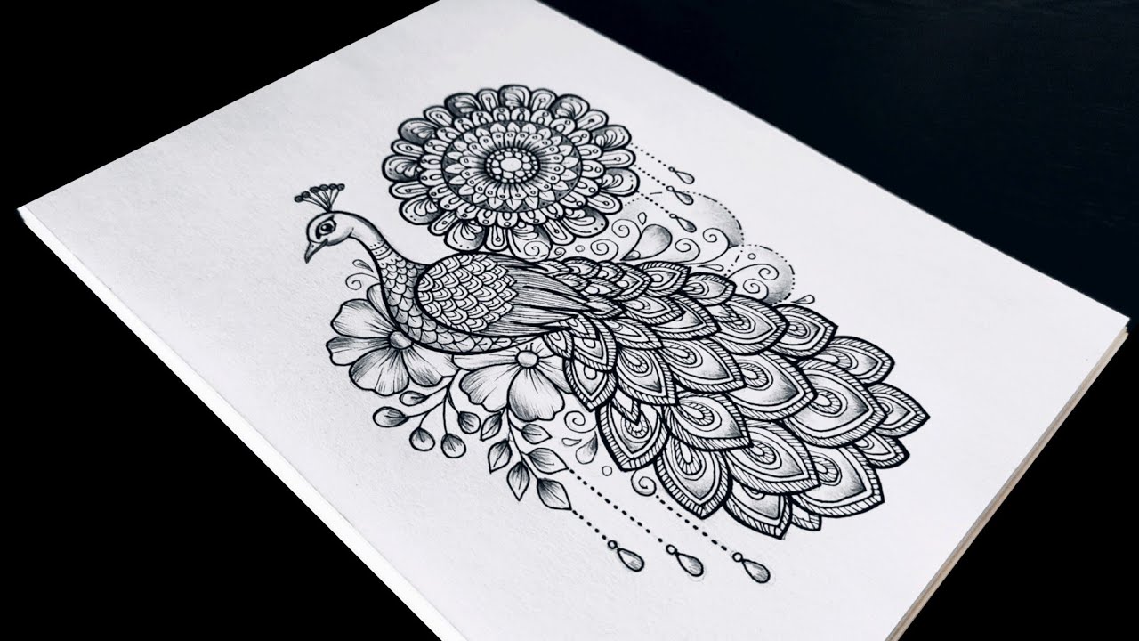Peacock Drawing/Peacock Mandala art/Peacock Mandala with Blooming Flowers/How to draw mandala easy