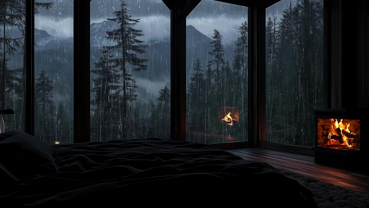 Gentle Rain Piano in a Cozy Forest Retreat 🌧️ | Fireplace Glow by the Window | Deep Relax Sleep