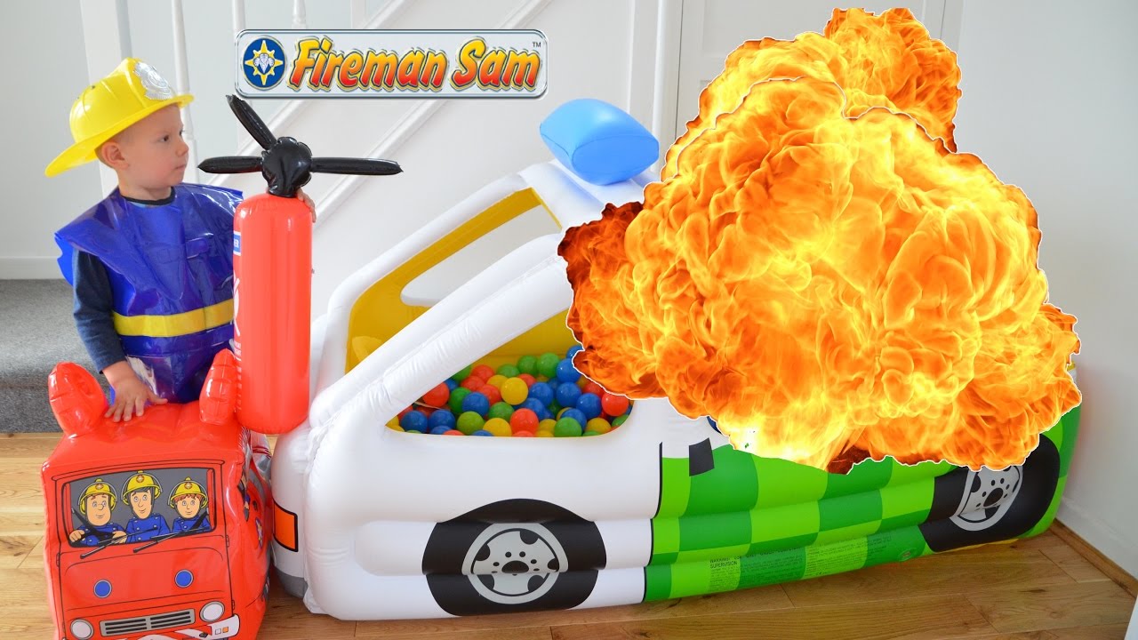 Inflatable fire Explosion Kids huge ball pit rescue Fire engine Fun video