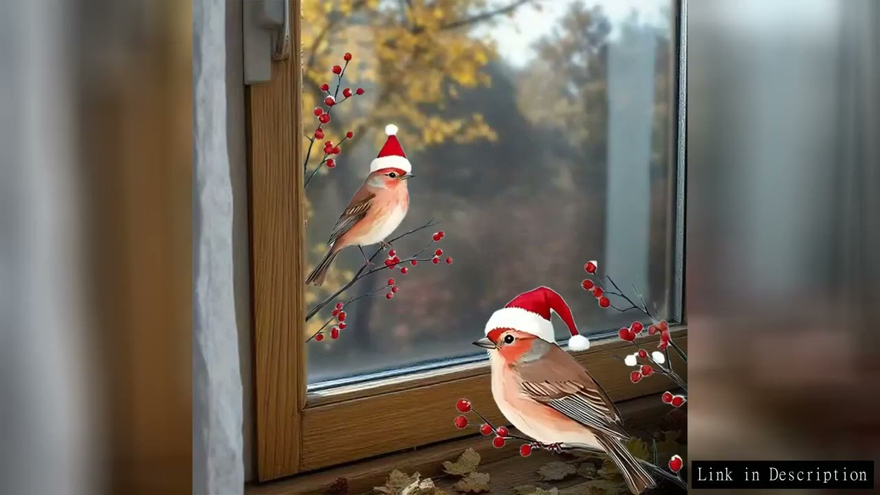 1Set Christmas Red Berry Branches Three Birds in Santa Hats Window Stickers Self-adhesive Wall Party