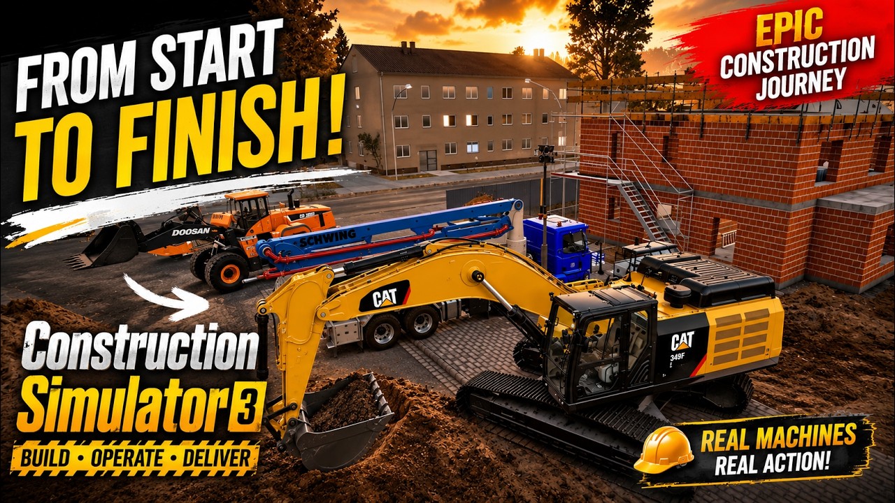 Crane and concrete mixer work at construction simulator site big project 