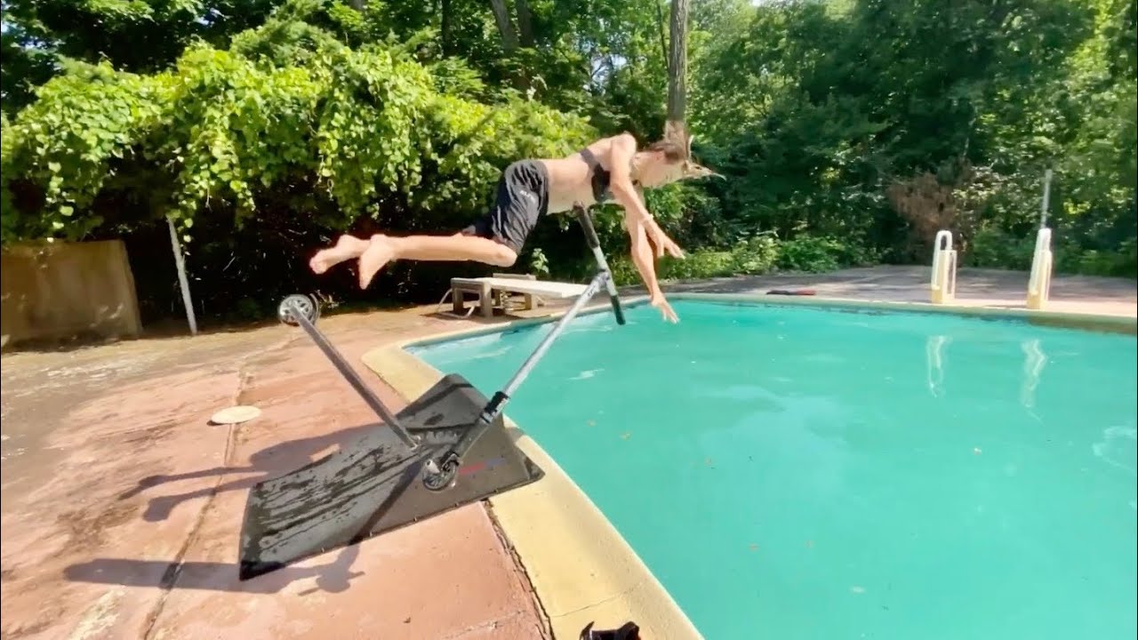 TRYING SCOOTER FLIPS OFF SKETCHY RAMP INTO POOL!