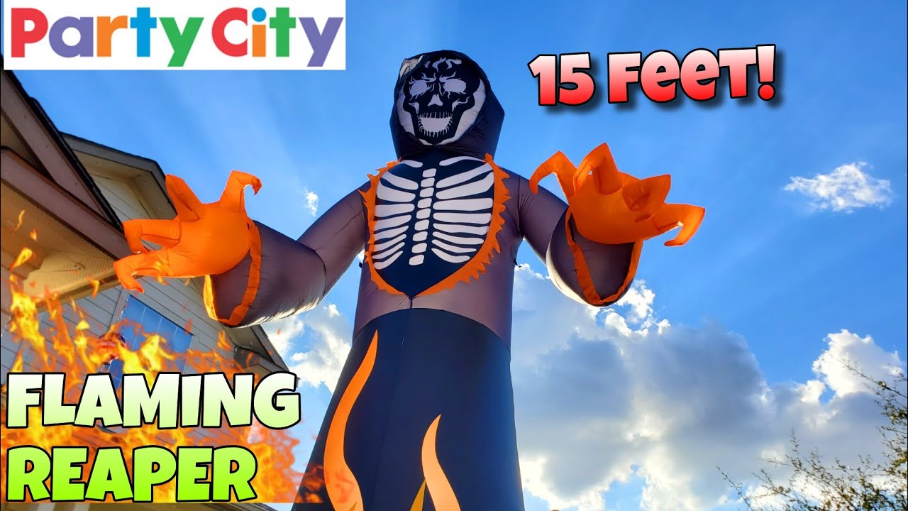 Huge Party City 🔥Flaming🔥 Reaper Inflatable Blow Up Lightshow #halloween2024
