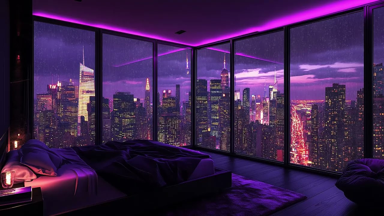 Rain Drifting Across a Neon Skyline | Cozy Penthouse Bedroom with City Panorama | Deep Sleep Calm