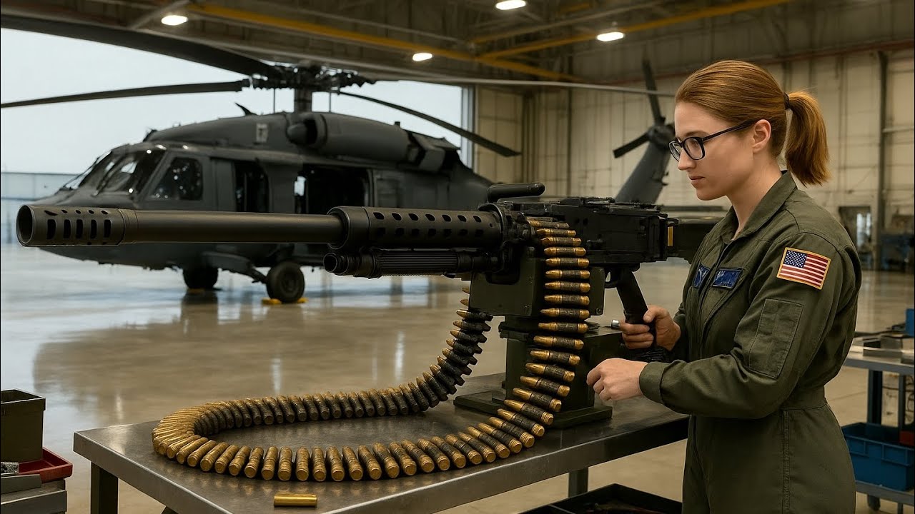 US Soldier Tests Powerful Machine Gun Inside Hangar
