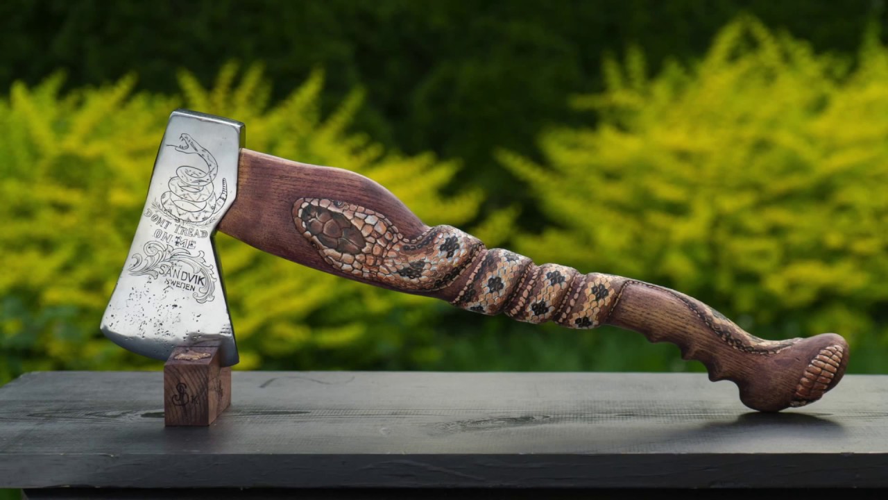 Restoring Vintage Axe, Carving Snake Handle and Engraving the bit