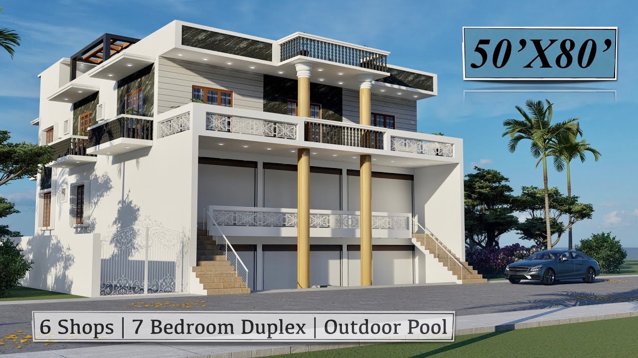 50X80 Commercial and Duplex House Design with Outdoor Pool | 4000 Sqft 3D House Plan