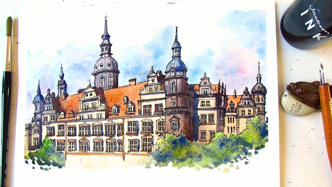 Urban Sketch Dresden Castle| Ink and Wash Architecture Art| Residenzschloss Dresden