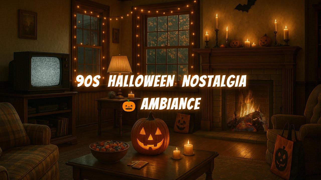 90s Halloween Nostalgia 🎃 Ambience | Cozy Vintage Living Room, Trick-or-Treat Night, Fireplace
