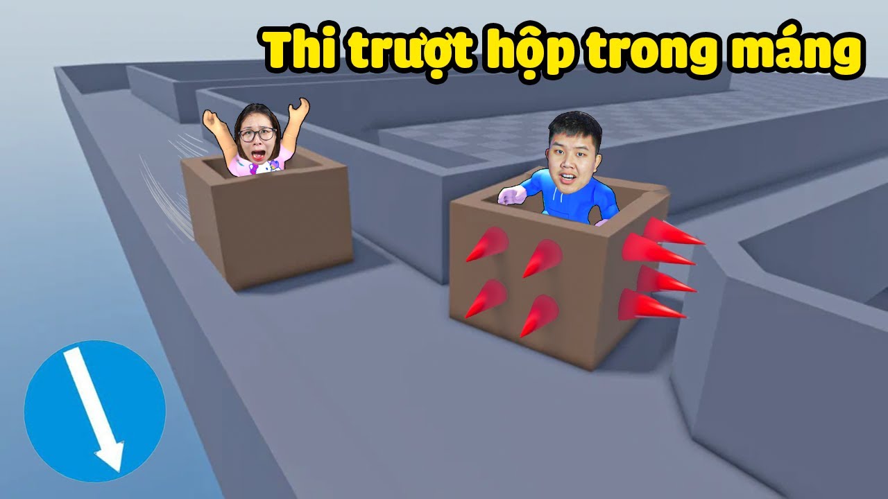 Thi trượt hộp trong máng xem ai về đích nhanh nhất ? bqThanh Ngồi Thùng Gai Troll Ốc
