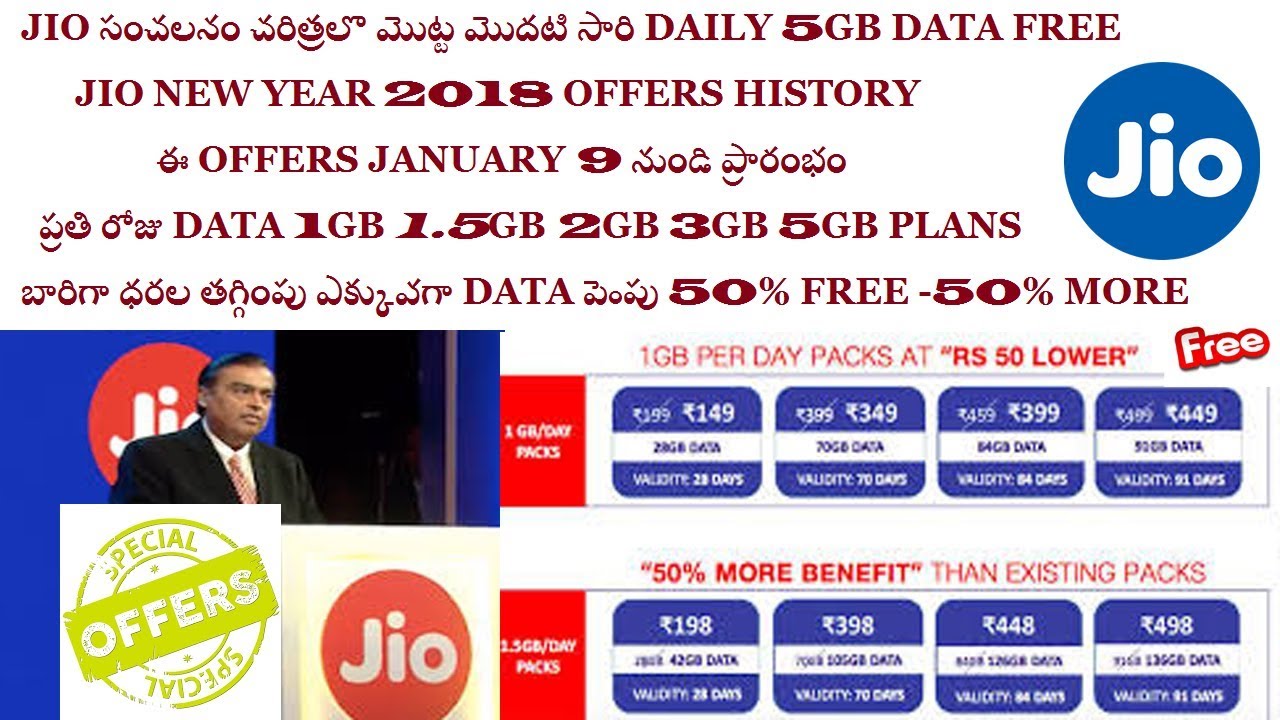 JIO BUMPER OFFER DAILY 5GB DATA FREE TELUGU JANUARY 2018