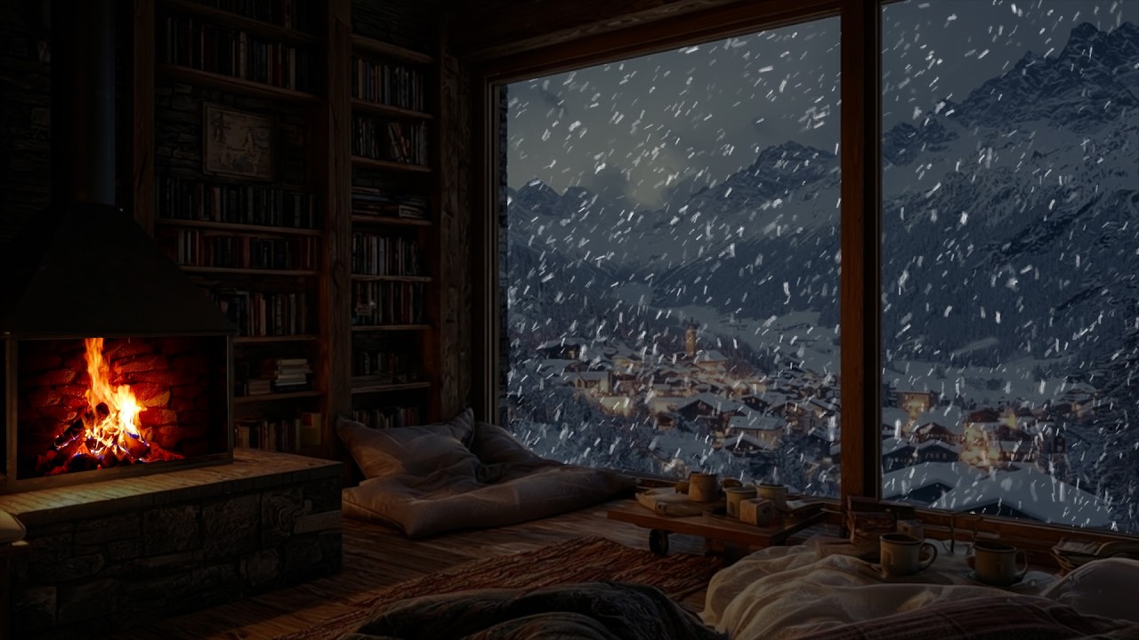 Gentle Winter Snow by the Fireplace ❄️ A Peaceful Space for Focused Work