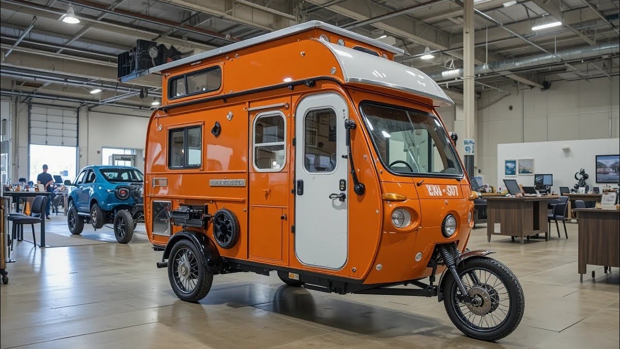 2026 Camper Trike like never before with Auto Insider. This vibrant orange tiny house 