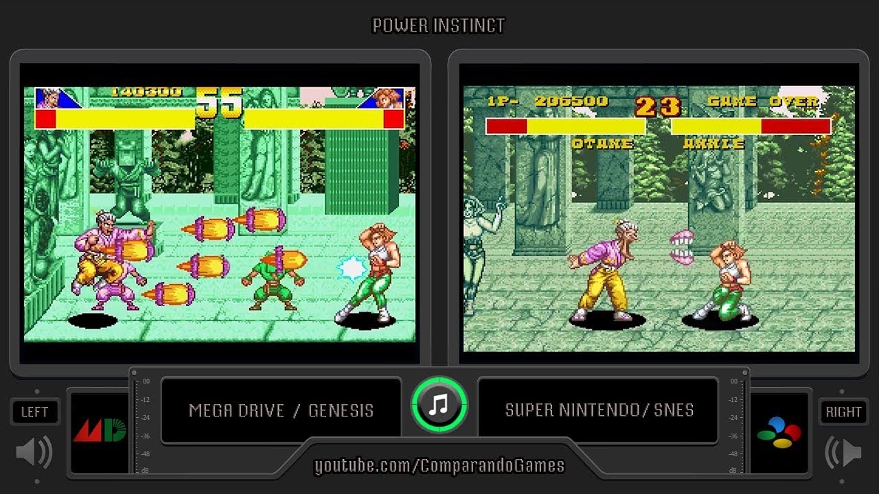 Power Instinct (Sega Genesis vs SNES) Side by Side Comparison (2 Longplay)