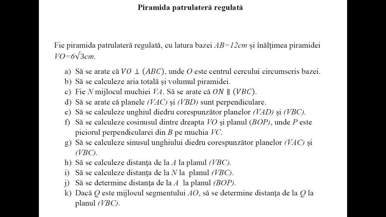 Recapitulare piramida patrulateră regulată - distanţe, unghiuri, arii, volume