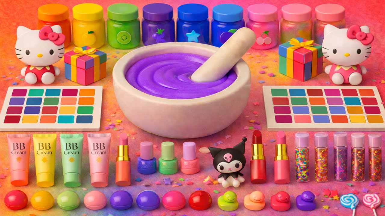 ASMR DIY слайм видео 🌈 Радужный Китти облачный слайм с косметикой, тенями, уходом и блёстками