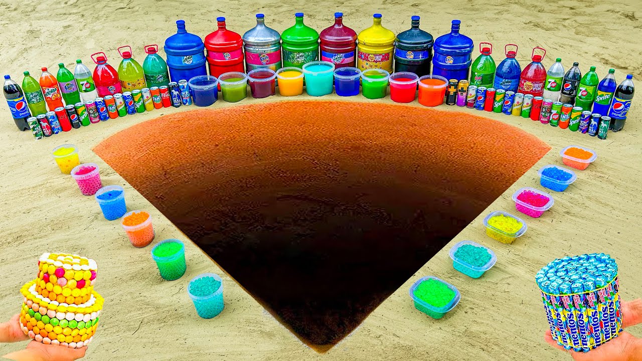 Big Underground Eruption from Balloons of Fanta, Mtn Dew, Coke, Giant Coca-Cola vs Mentos