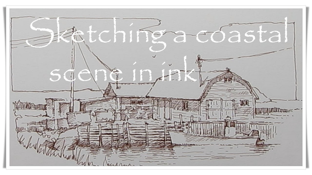 Drawing an east coast fishing dock in ink