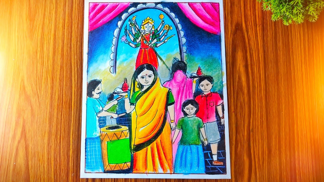 Easy Durga Puja Scenery Competition Drawing | Step by Step Festival Drawing with Colour 🎨🪔