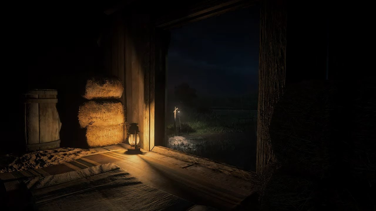 Watching a steady downpour of rain from the loft of a barn | RDR 2 ASMR