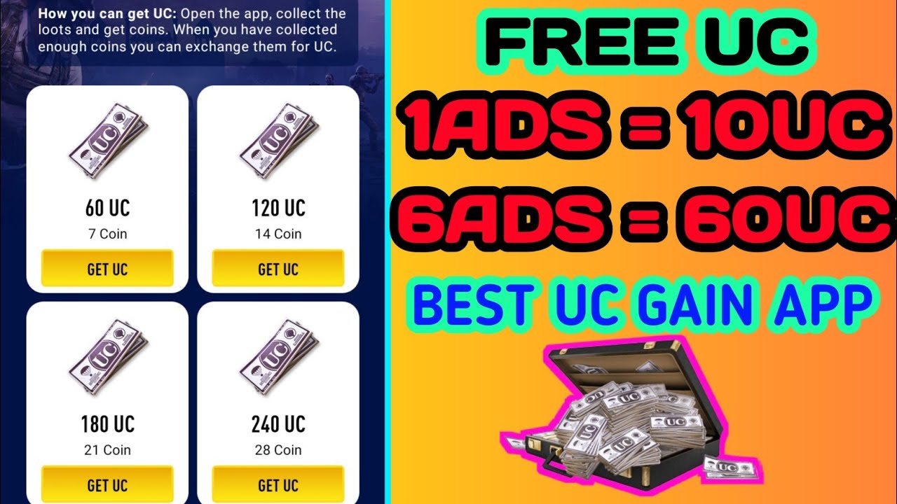 New App Watch 1 Ads Free 60 UC & Watch 10 Ads Free 600 UC | How To Get Free 600 PUBG UC Easily !!