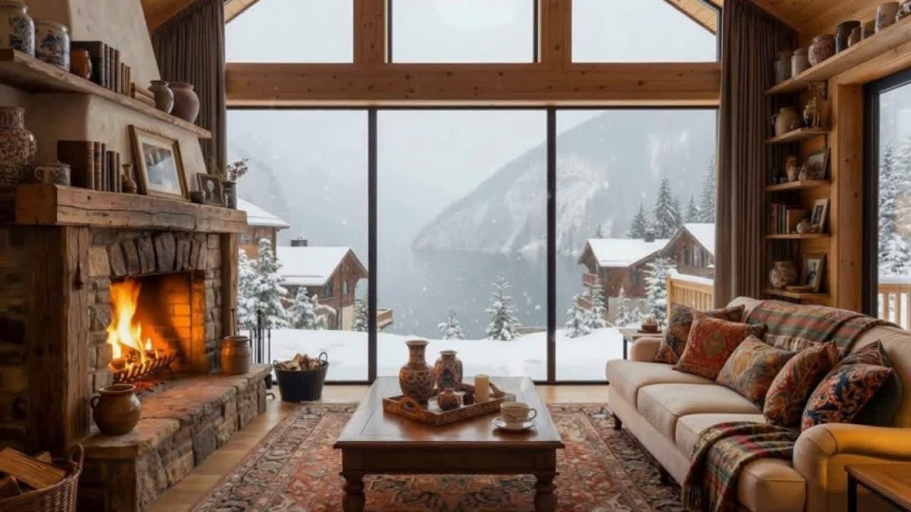Wooden Winter Cabin by the Lake | Fireplace, Snow & Mountain Calm