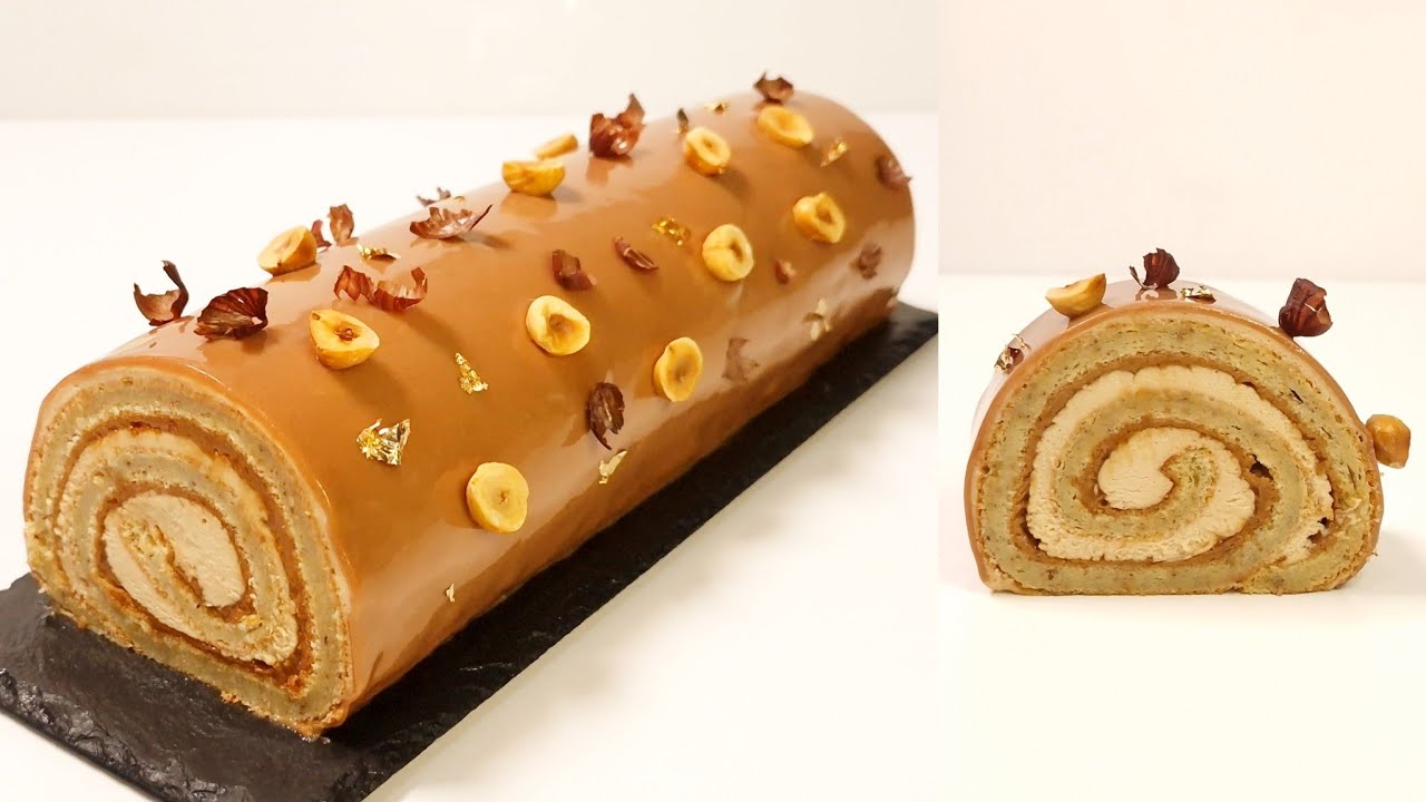 G&acirc;teau roul&eacute; noisette fa&ccedil;on b&ucirc;che avec un gla&ccedil;age miroir | | سويس رول البندق بنكهة مميزة 