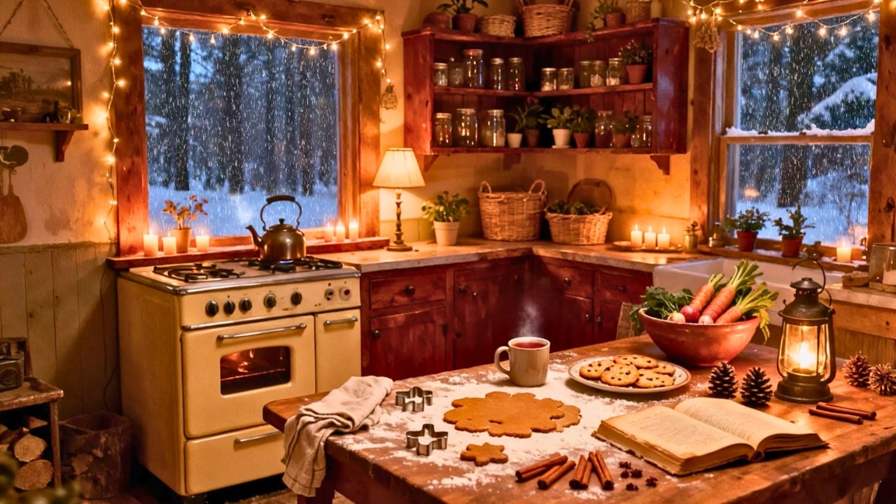Vintage 1950s Winter Evening❄️ Oldies Playing in Another Room | Cozy Kitchen Ambience