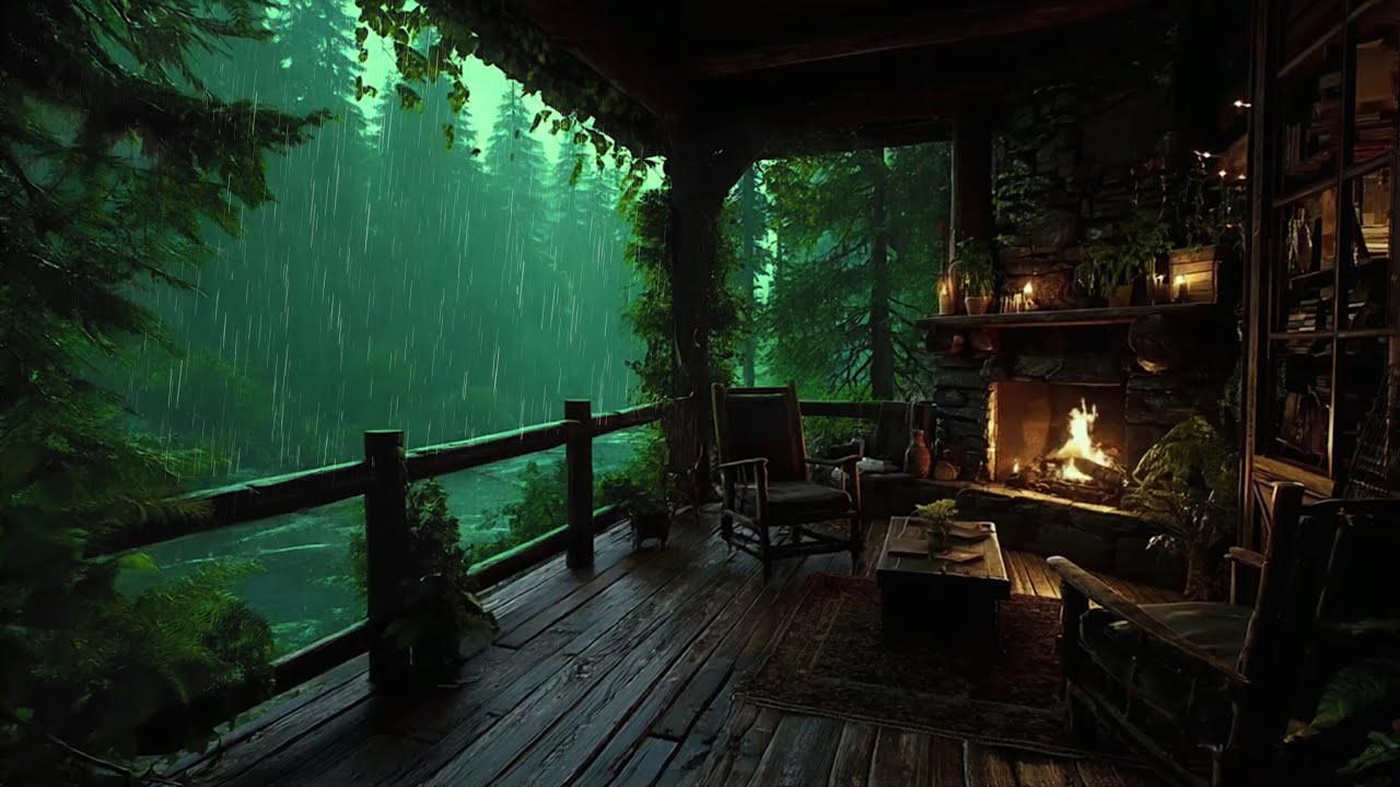 Find Calmness  with Rain & Fire Place In Cozy Wooden Cabin 🛖  Immerse Yourself in the Relaxing Rain