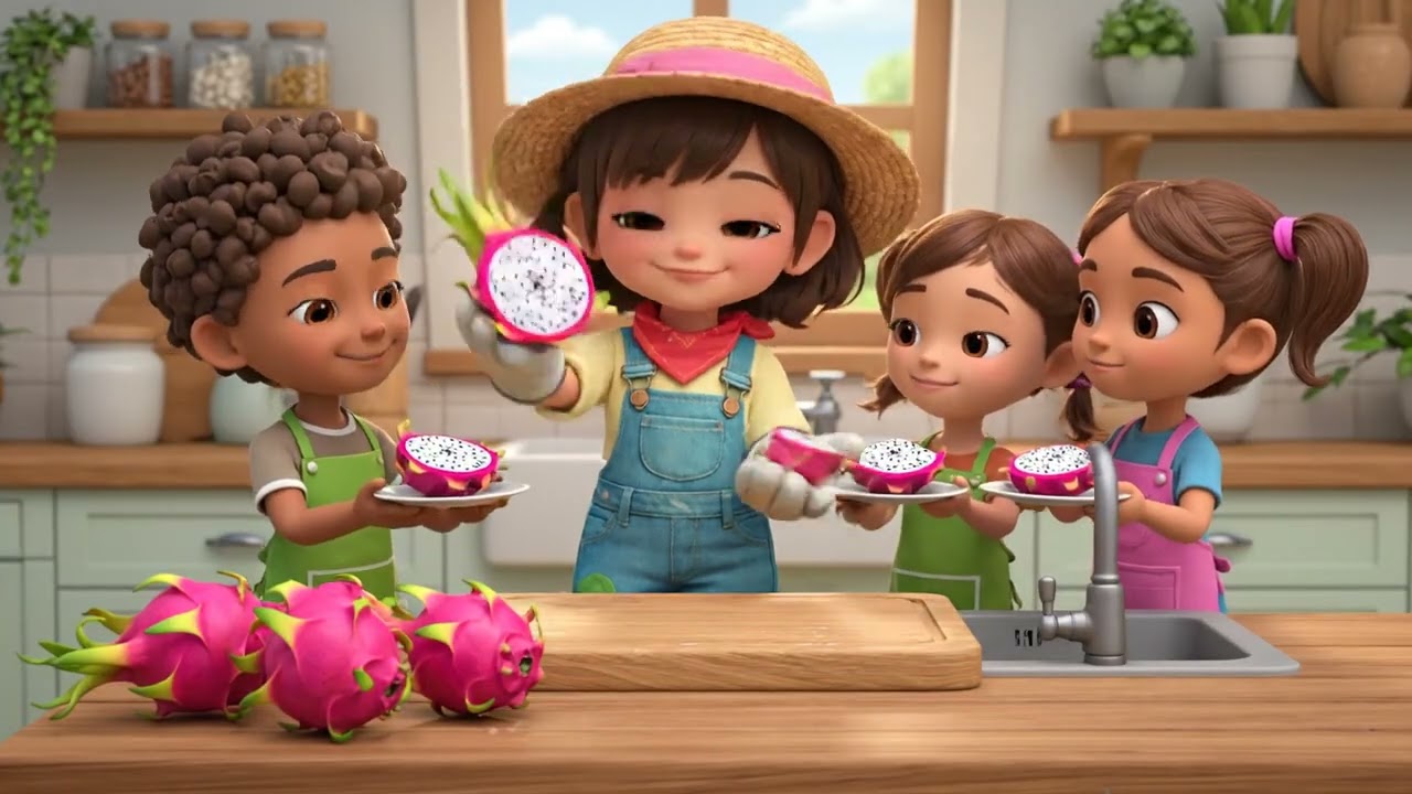 The joy of children with dragon fruit.
