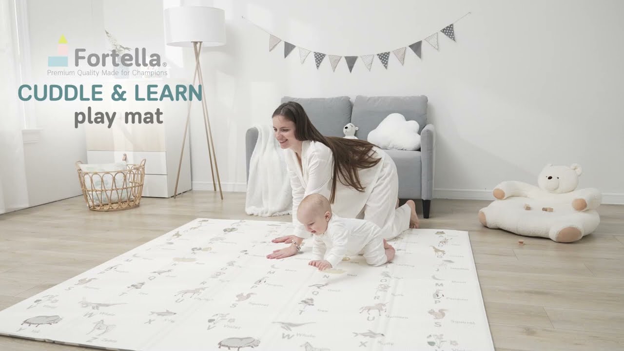 Fortella Cuddle & Learn Baby Play Mat, Foldable & Reversible, Gray Moroccan/Nature Alphabet