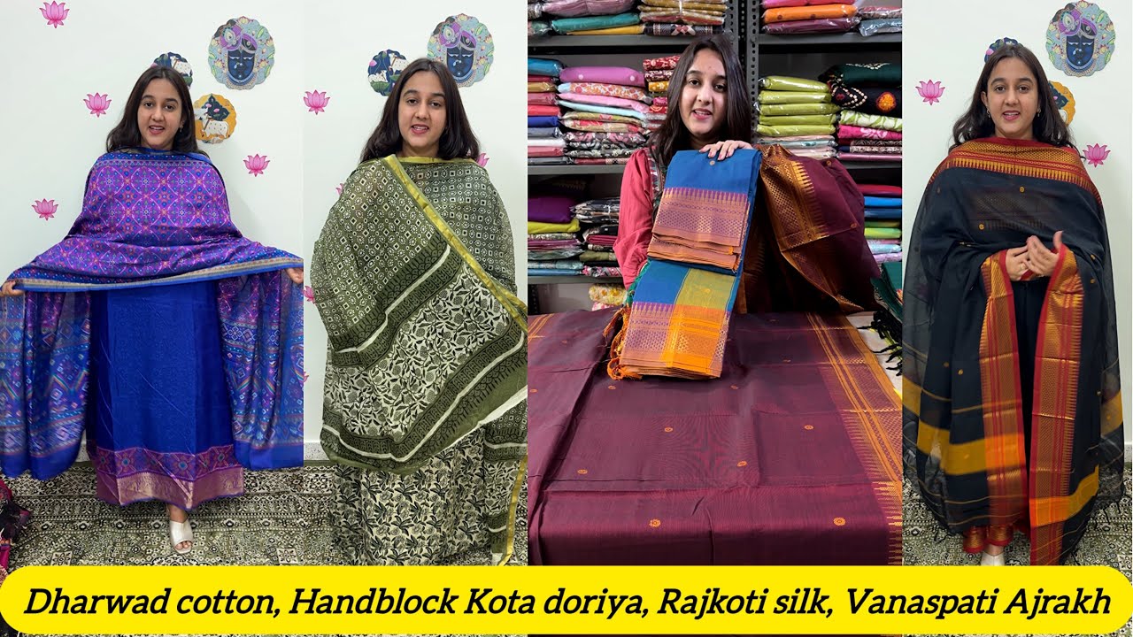 Handblock Kota doriya suits🌹Dharwad Cotton Suits🌹 Rajkoti silk Patola Suits 🌹Vanaspati Ajrakh suits