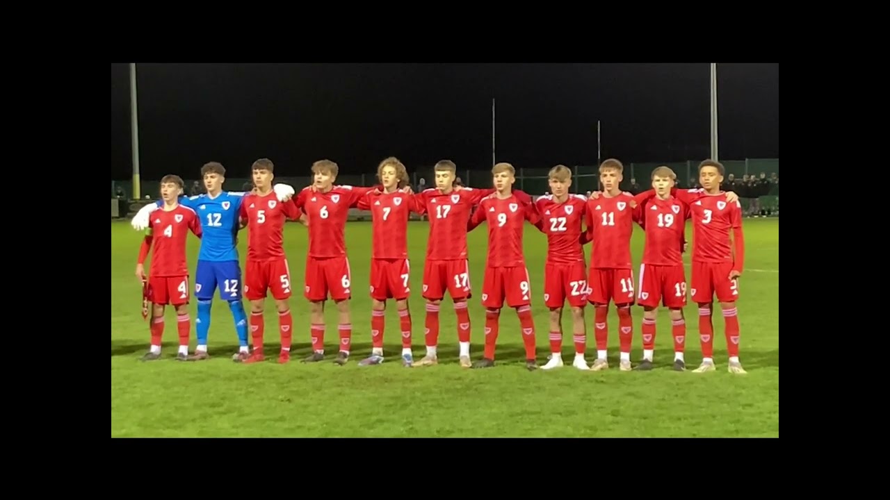 Wales u16 boys international football team singing Welsh national anthem in Victory Shield 2023 vROI