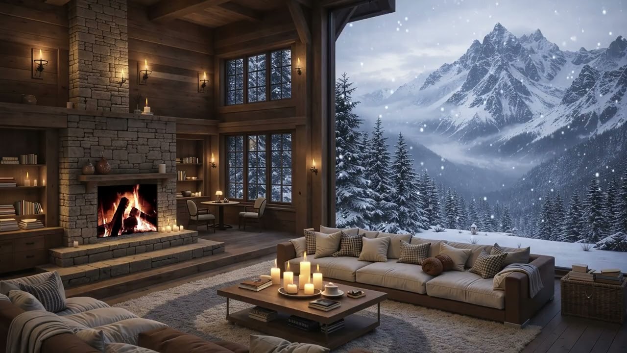 Уютная горная хижина 🏔️ Мягкая инструментальная музыка | Камин и вид на снег