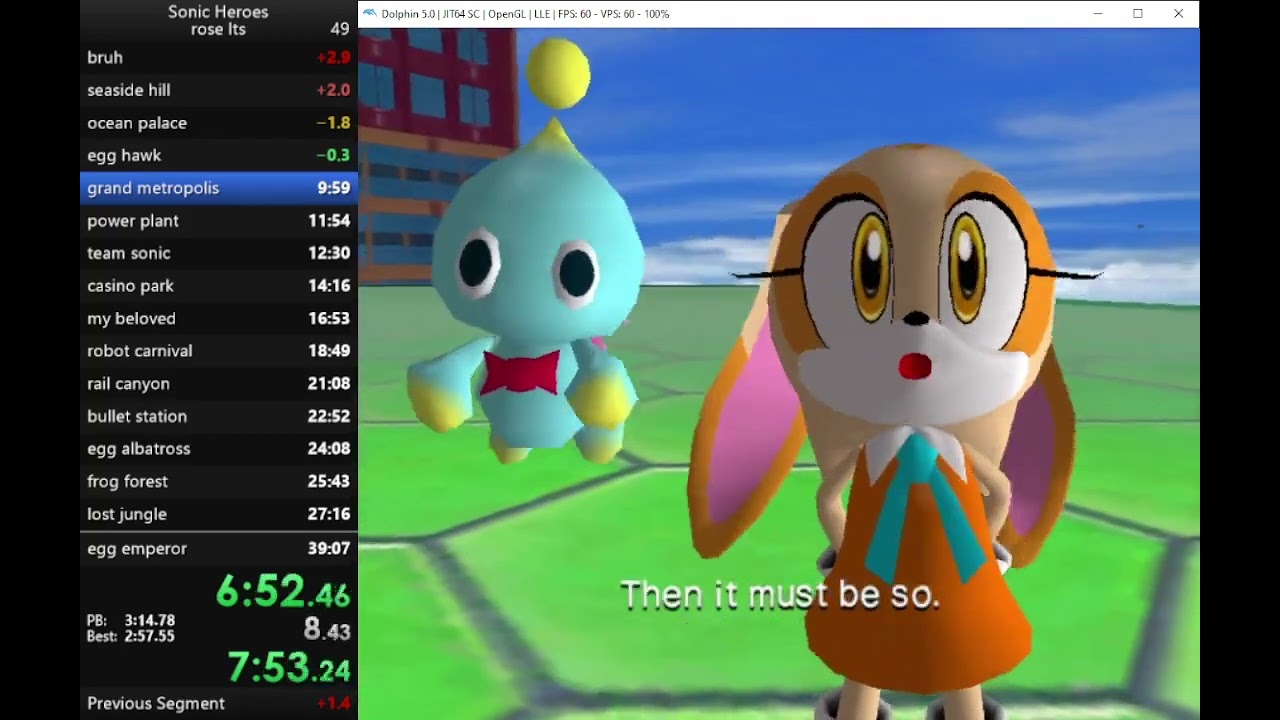 Sonic Heroes Team Rose LTS speedrun in 38:18 (game time)