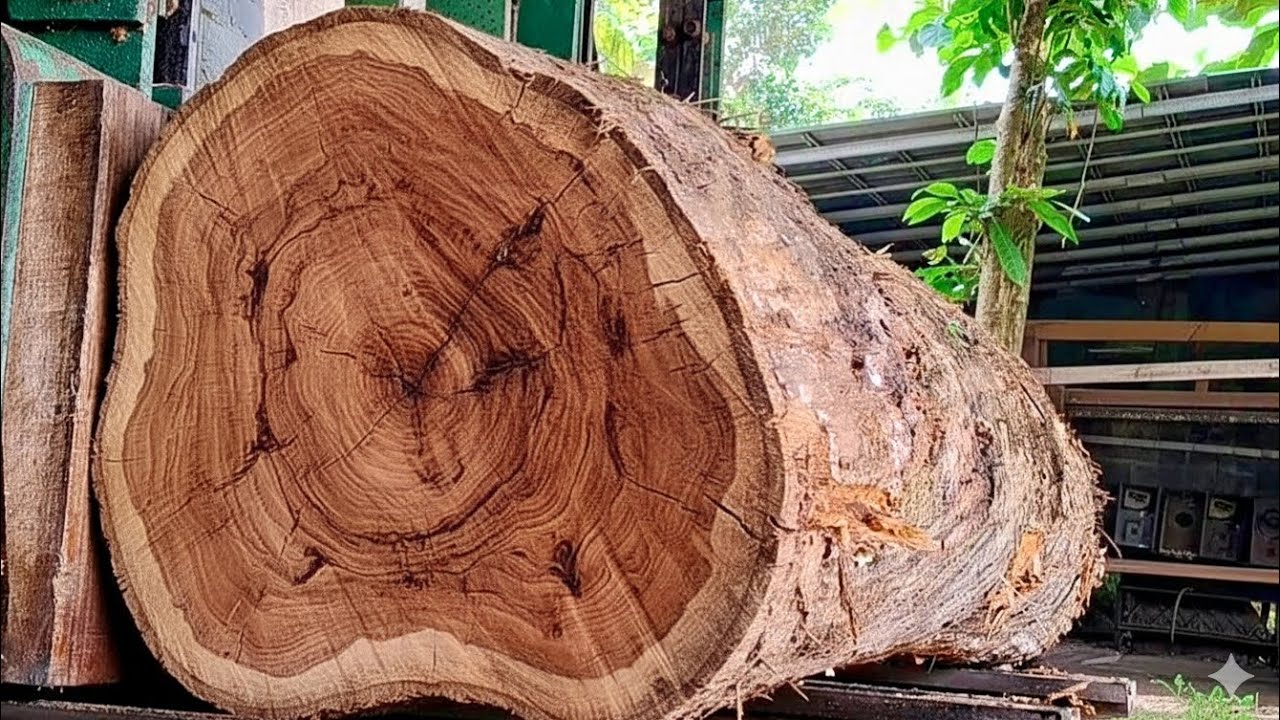 Sawing large, old, densely textured teak wood 