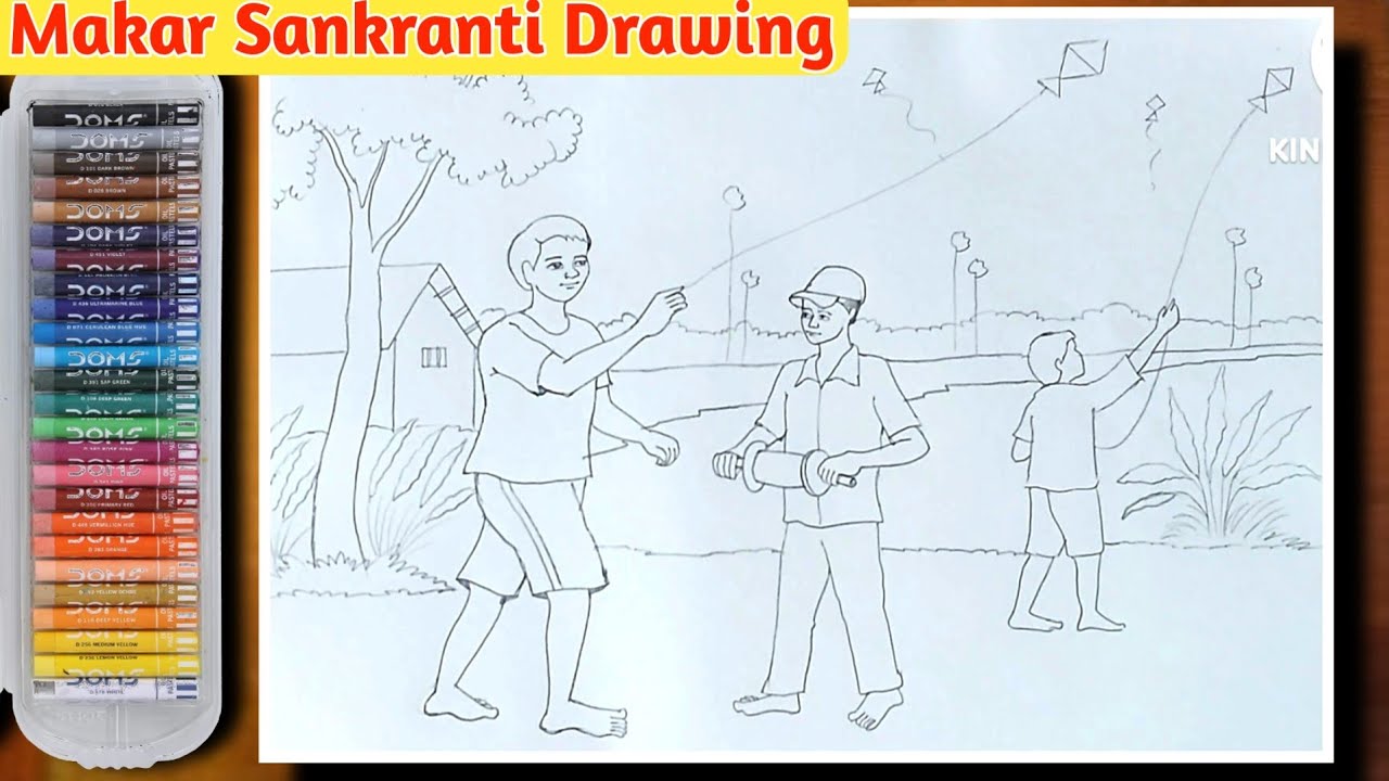 Makar Sankranti Drawing Easy | Kite Flying Scenery Drawing With Oil Pastel | Kite Festival Drawing