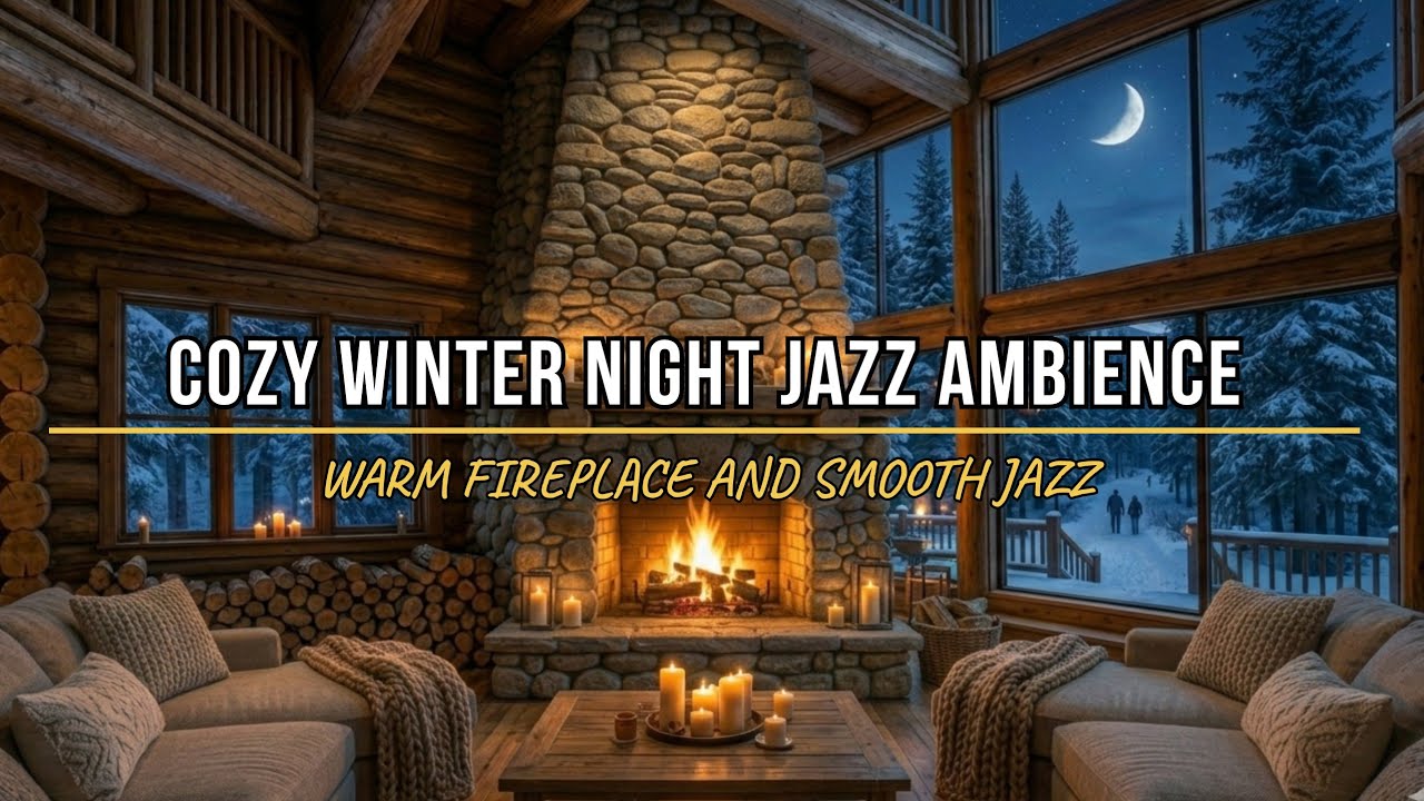 Cozy Cabin Night Ambience & snow Outside Windows ❄️ Smooth Jazz and Fireplace