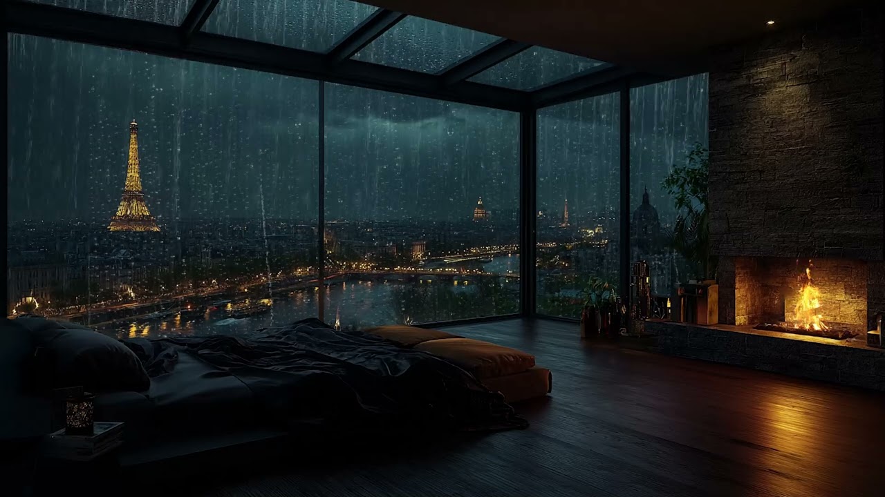 Rainy Paris Night 🌧️ Cozy Luxury Penthouse Bedroom Fireplace | Deep Sleep Ambience (3 Hours)