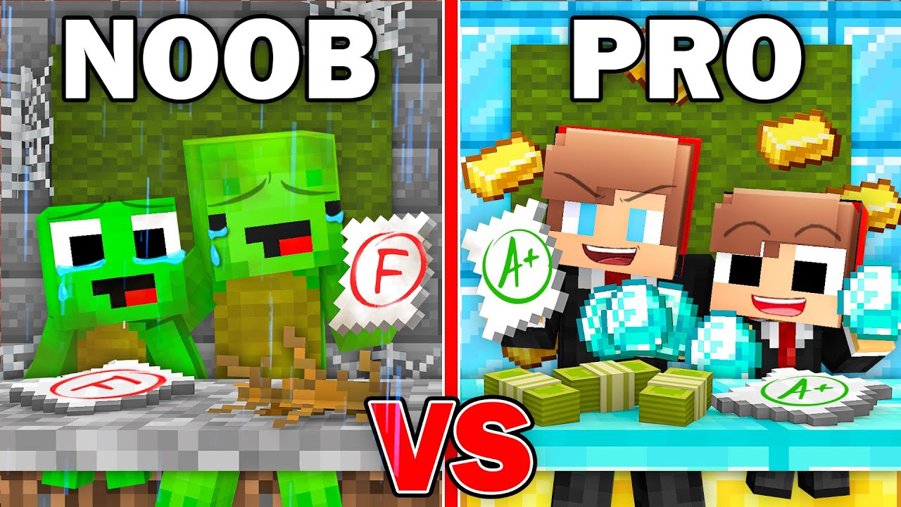 Битва за выживание семьи студентов NOOB Mikey против семьи студентов PRO JJ в Minecraft (Maizen)